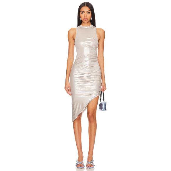 superdown Dresses & Skirts - Superdown Izaria Midi Dress Metallic Silver Asymmetric Sleeveless Bodycon Sz M